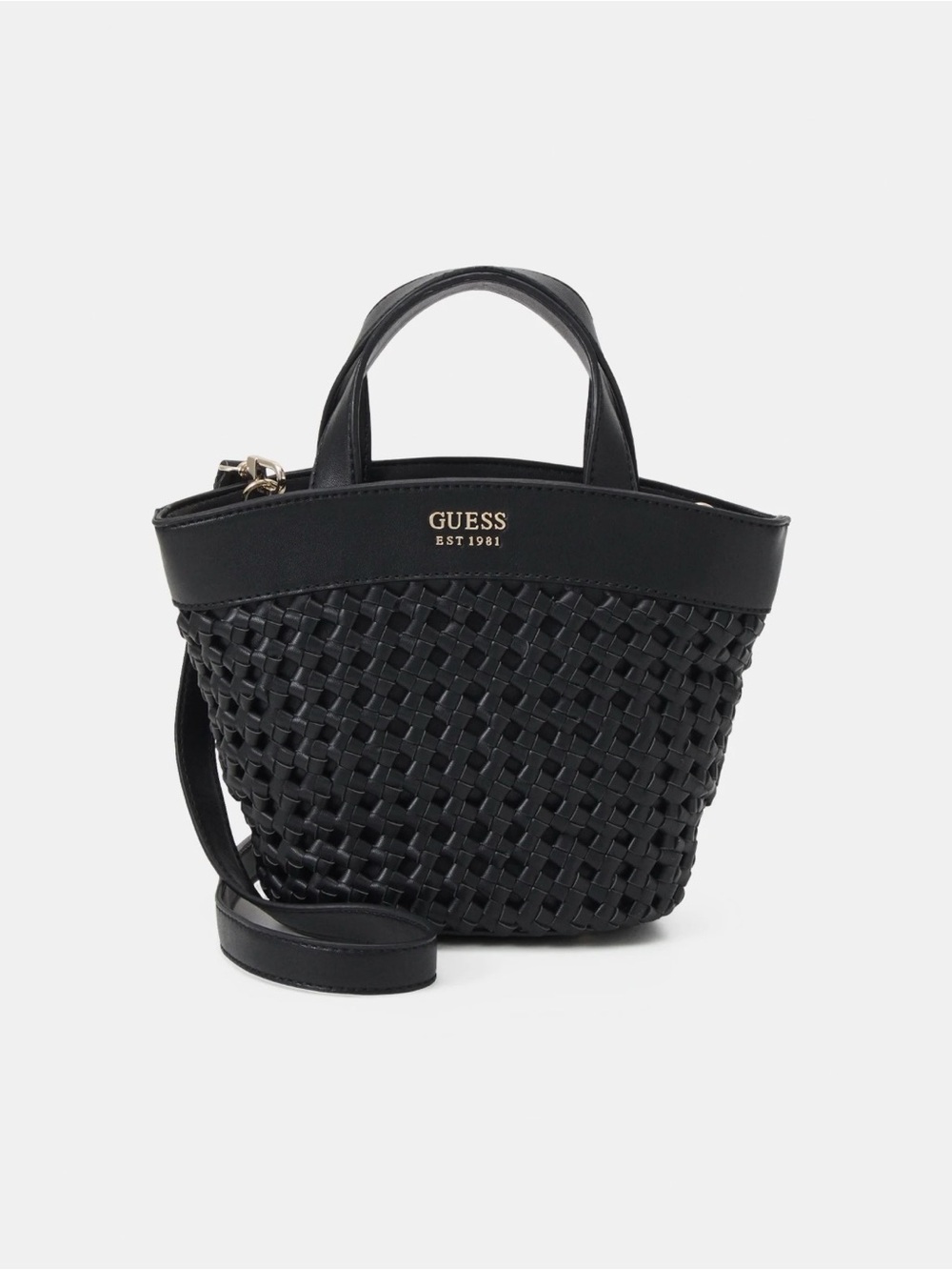 GUESS Black Woven Mini Tote with Detachable Strap